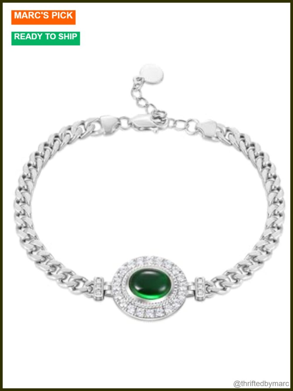 Simulated Emerald Cubic Zirconia Vintage Chain Bracelet Women Rhodium Plated